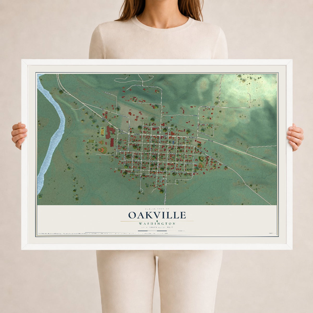 Map of Oakville, Washington, 24 x 36 inch print in a white wood frame