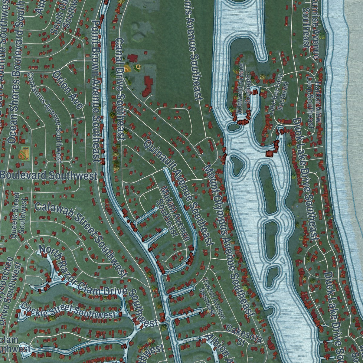 Close-up of the map of Ocean Shores, Washington print showing street and building detail