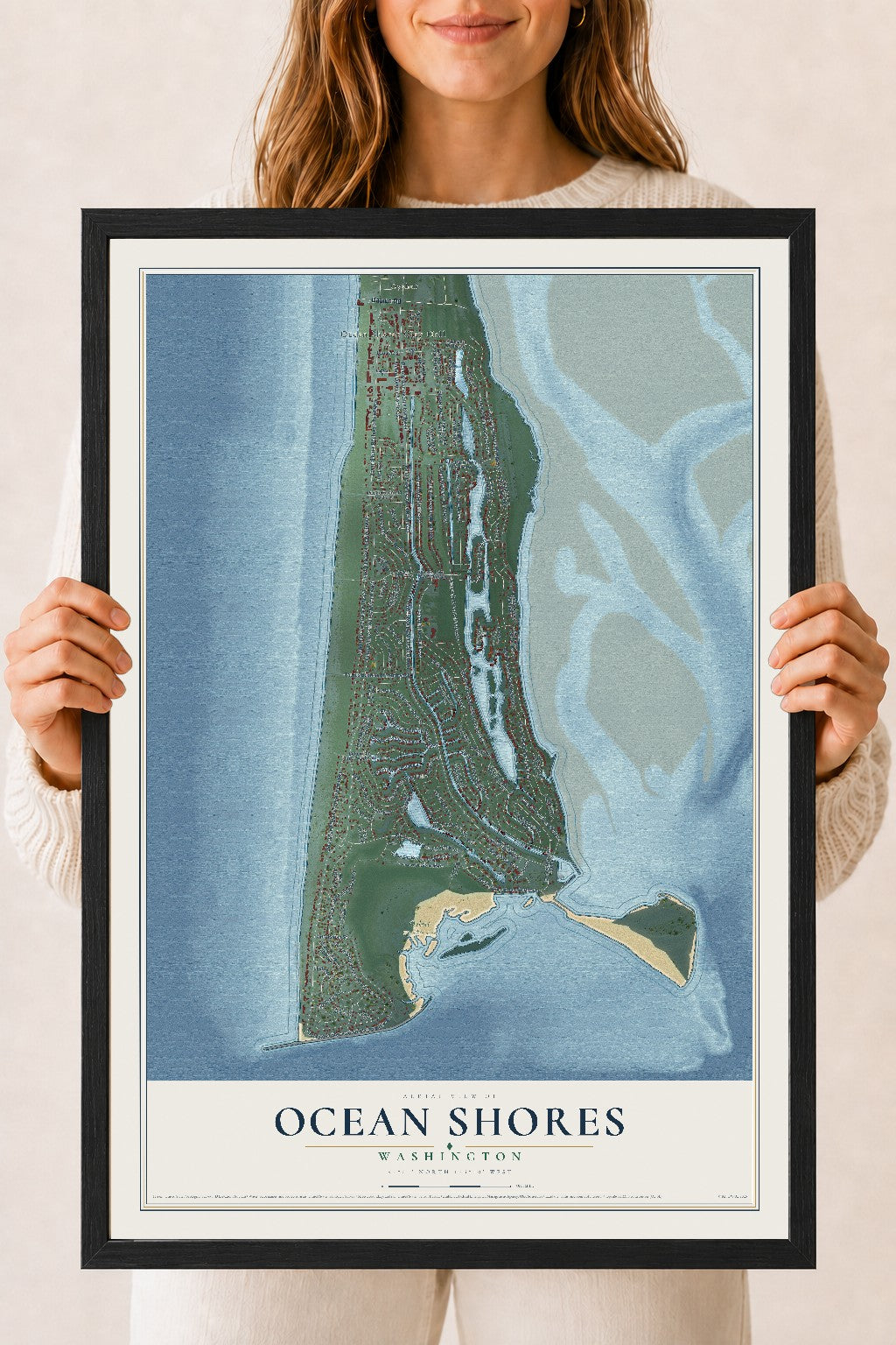 Map of Ocean Shores, Washington, 18 x 24 inch print in a black wood frame