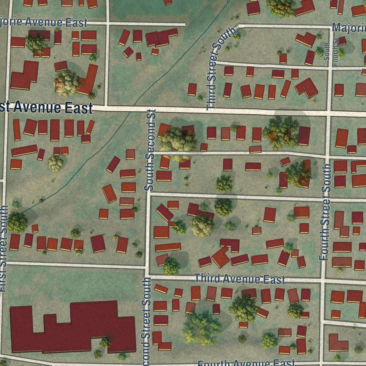 Close-up of the map of Odessa, Washington print showing street and building detail