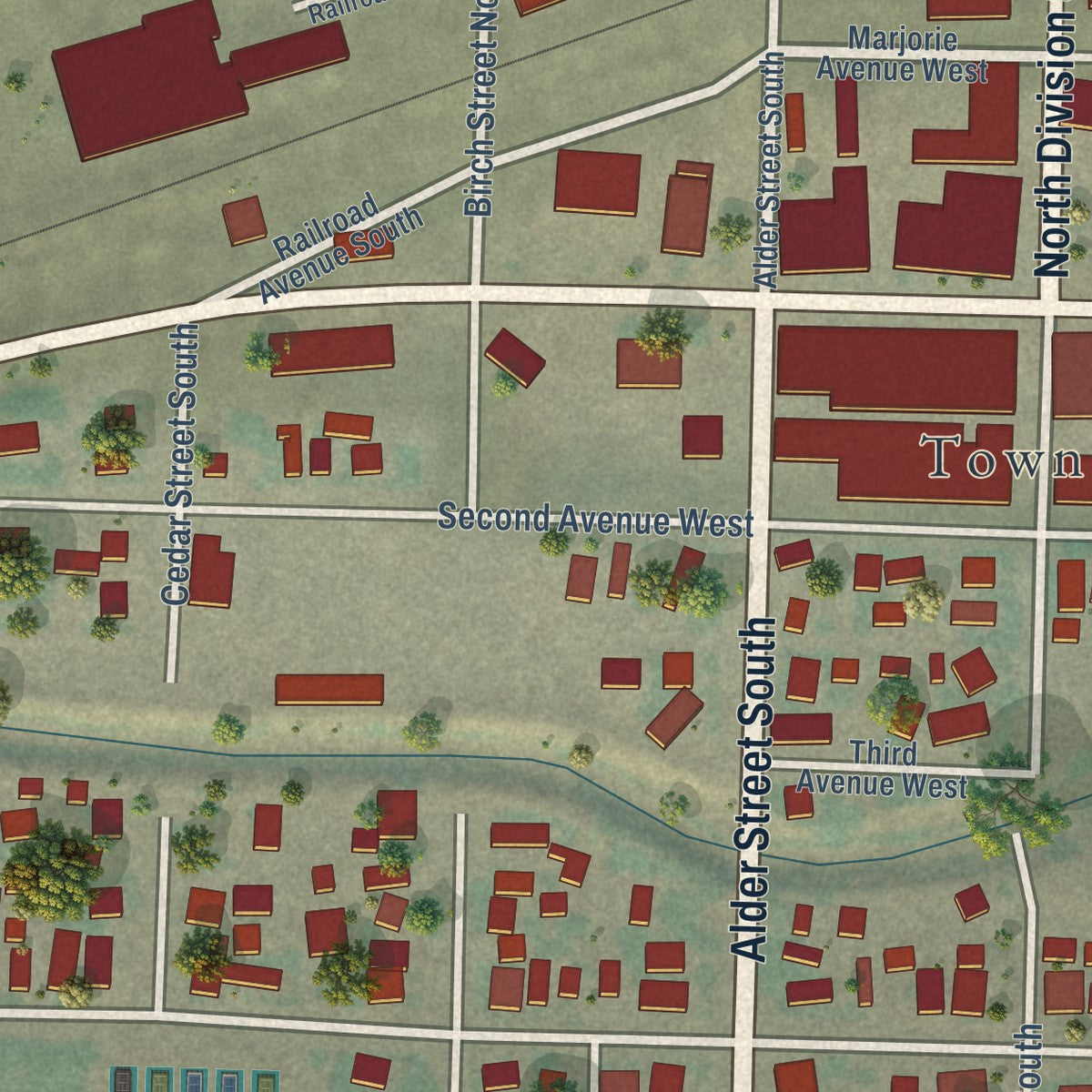Second close-up of the map of Odessa, Washington print showing more streets and buildings