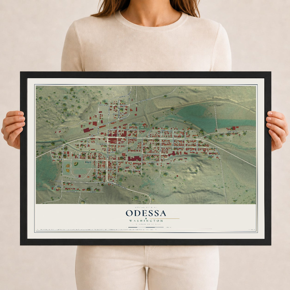 Map of Odessa, Washington, 12 x 18 inch print in a black wood frame