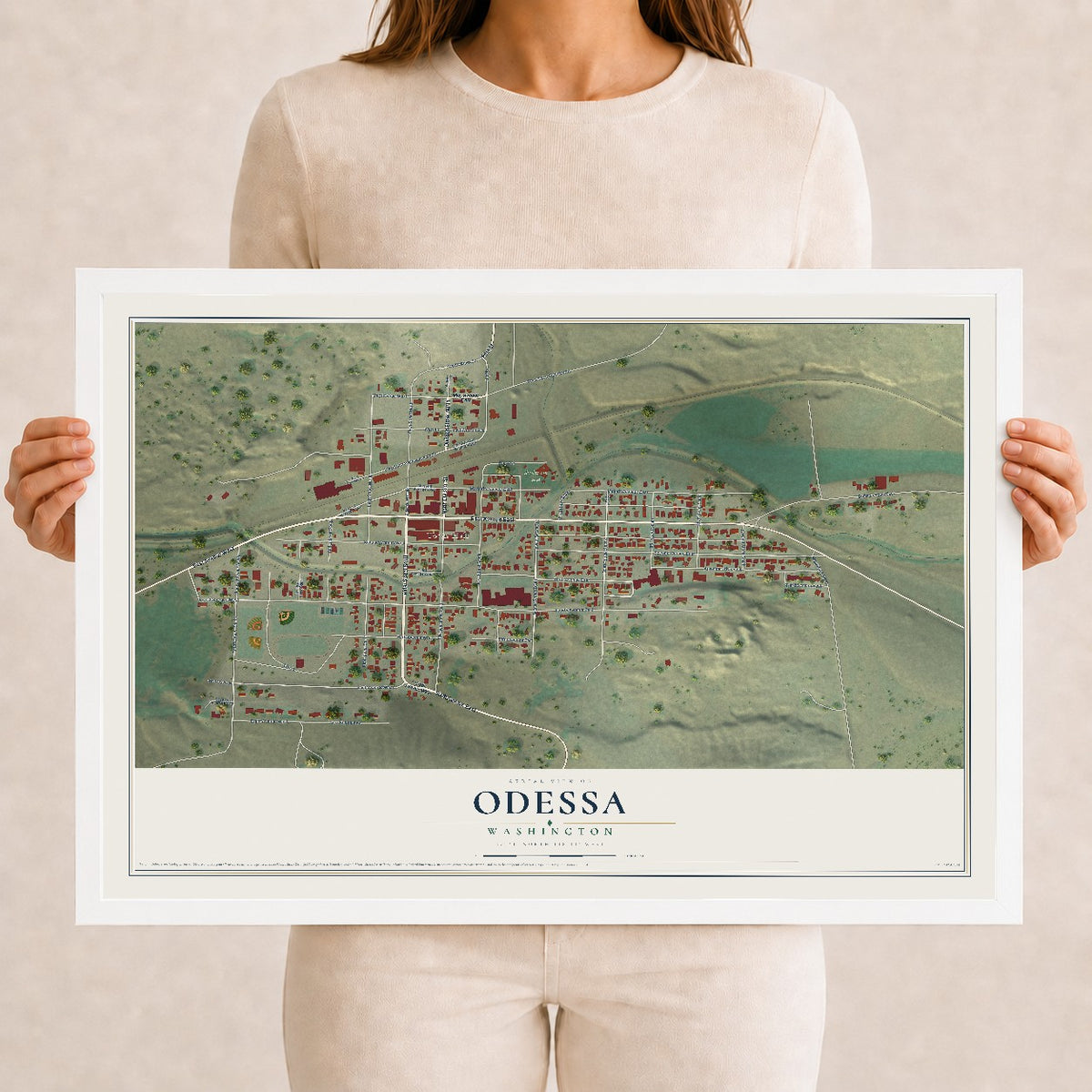 Map of Odessa, Washington, 12 x 18 inch print in a white wood frame