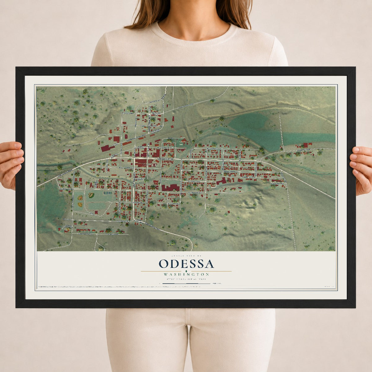 Map of Odessa, Washington, 18 x 24 inch print in a black wood frame