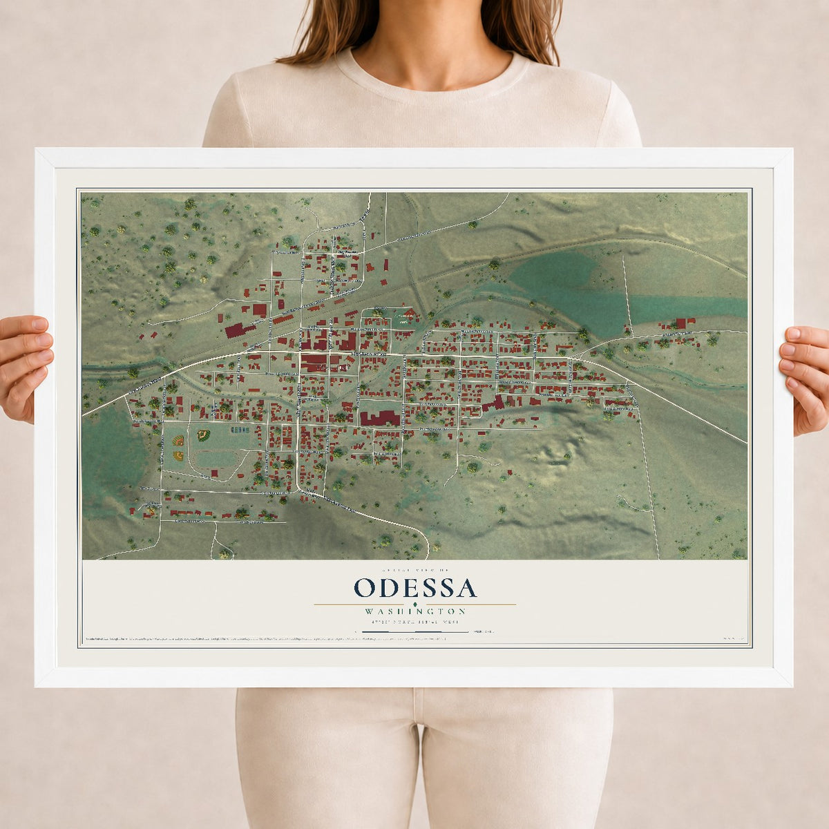 Map of Odessa, Washington, 18 x 24 inch print in a white wood frame