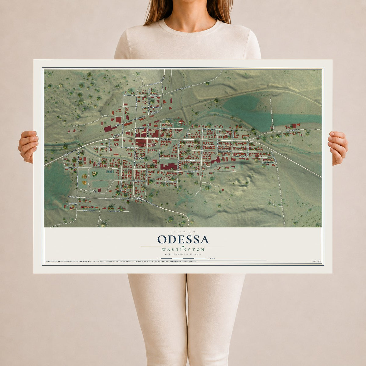 Map of Odessa, Washington, 24 x 36 inch unframed archival matte print