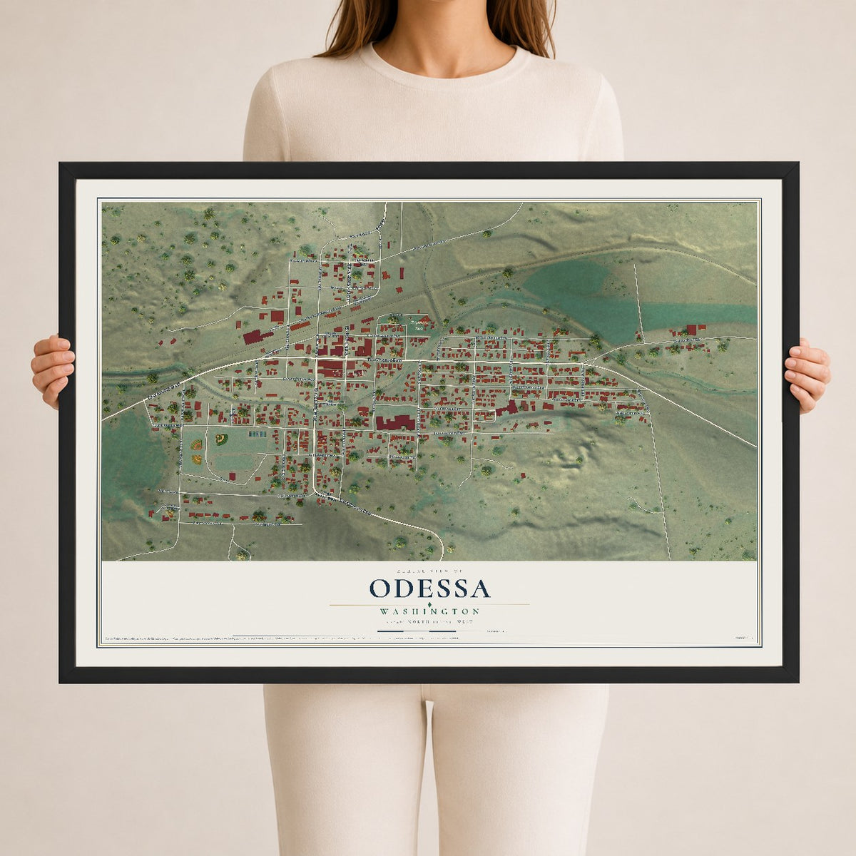Map of Odessa, Washington, 24 x 36 inch print in a black wood frame
