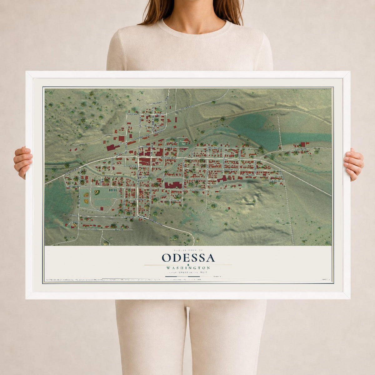 Map of Odessa, Washington, 24 x 36 inch print in a white wood frame