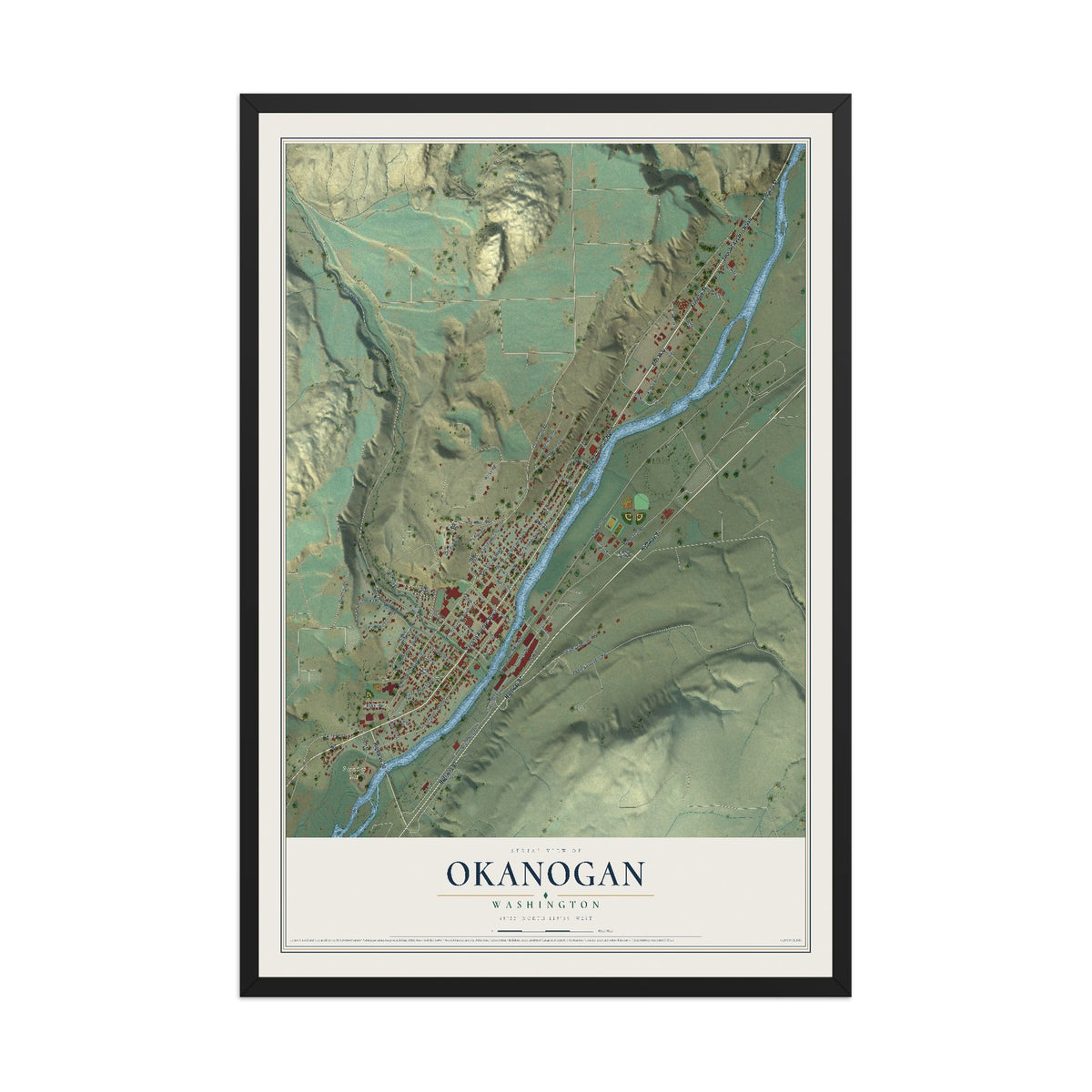 Map of Okanogan, Washington, 12 x 18 inch print in a black wood frame