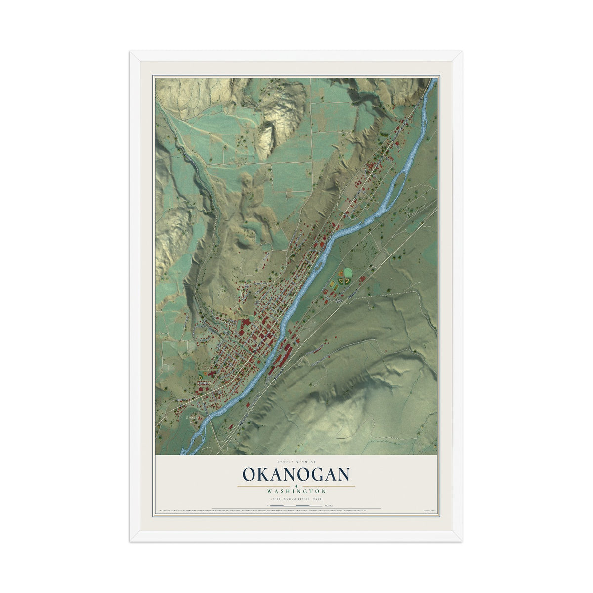Map of Okanogan, Washington, 12 x 18 inch print in a white wood frame