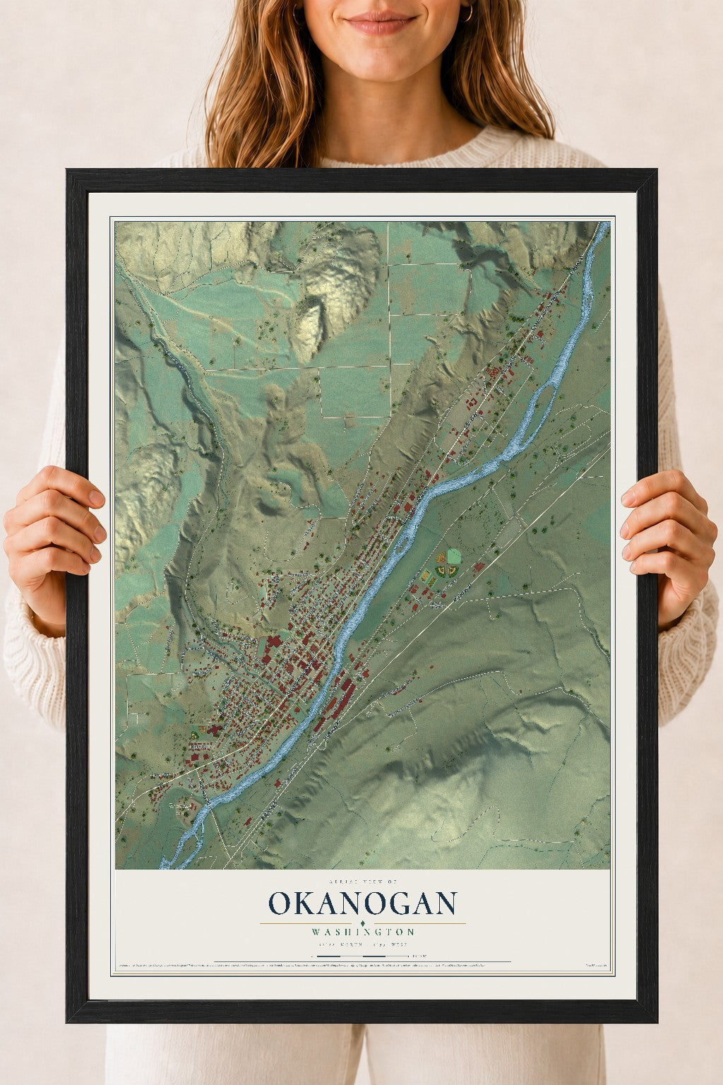 Map of Okanogan, Washington, 18 x 24 inch print in a black wood frame