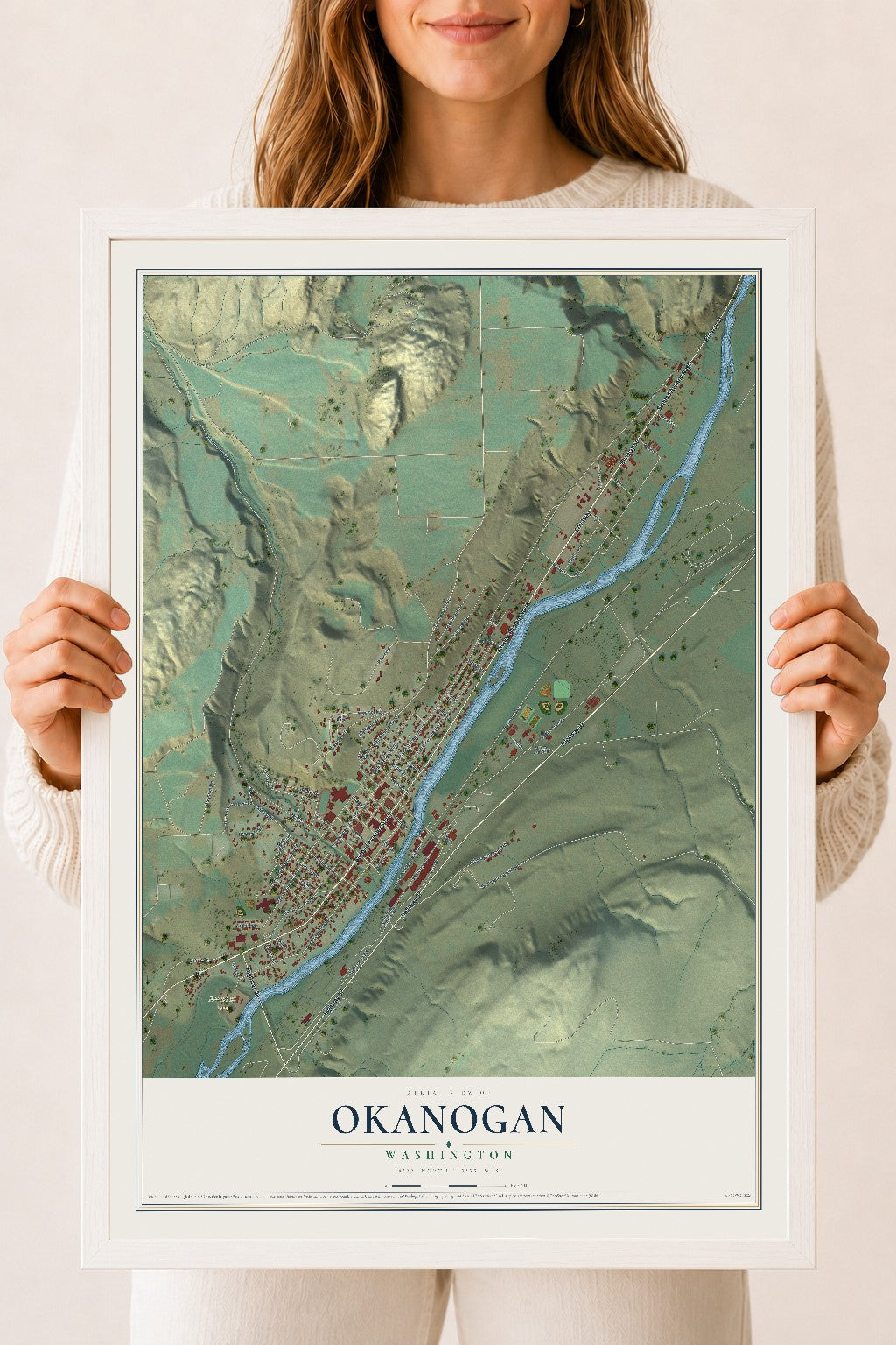 Map of Okanogan, Washington, 18 x 24 inch print in a white wood frame