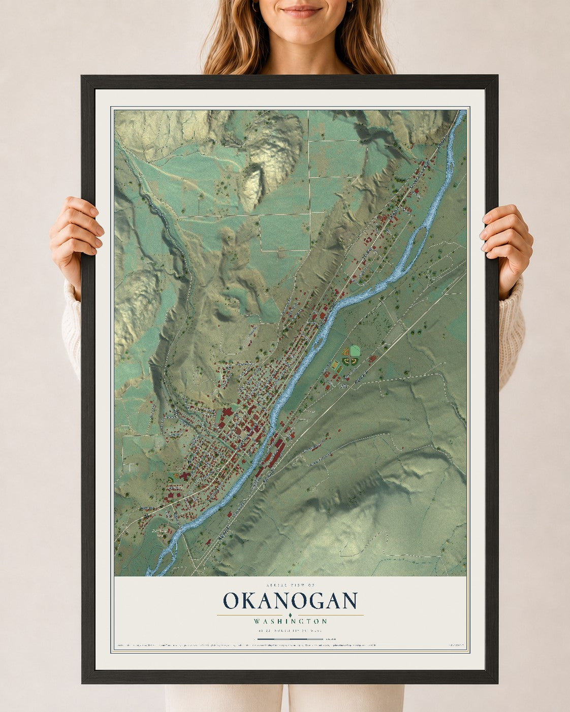 Map of Okanogan, Washington, 24 x 36 inch print in a black wood frame