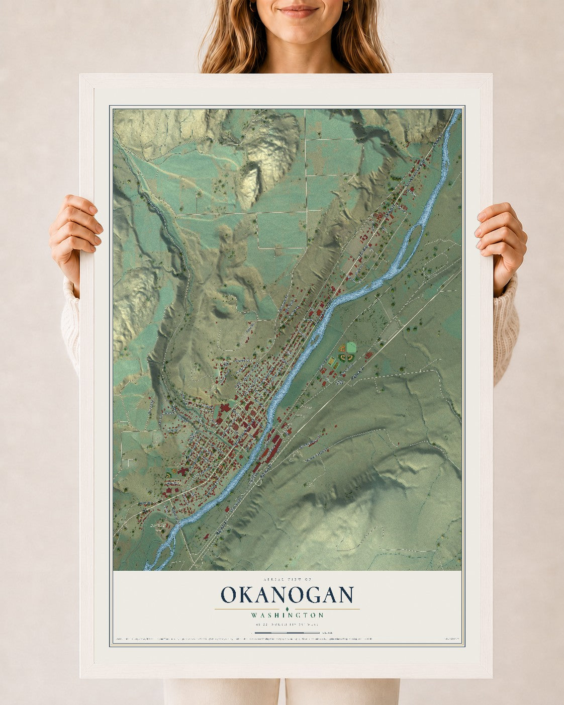 Map of Okanogan, Washington, 24 x 36 inch print in a white wood frame