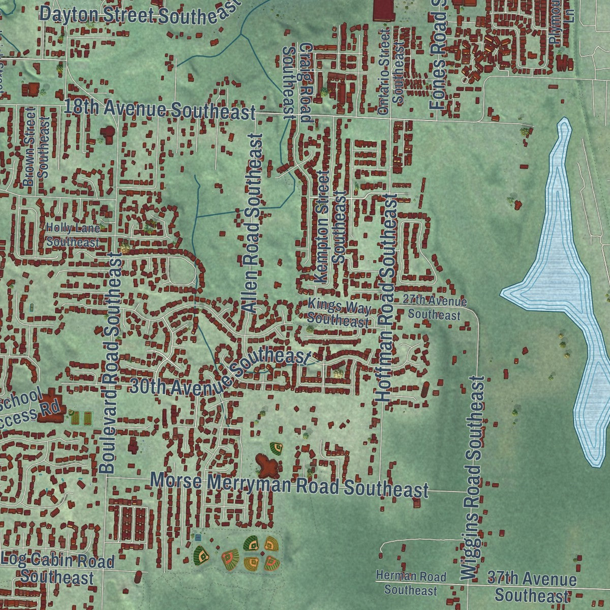 Close-up of the map of Olympia, Washington print showing street and building detail