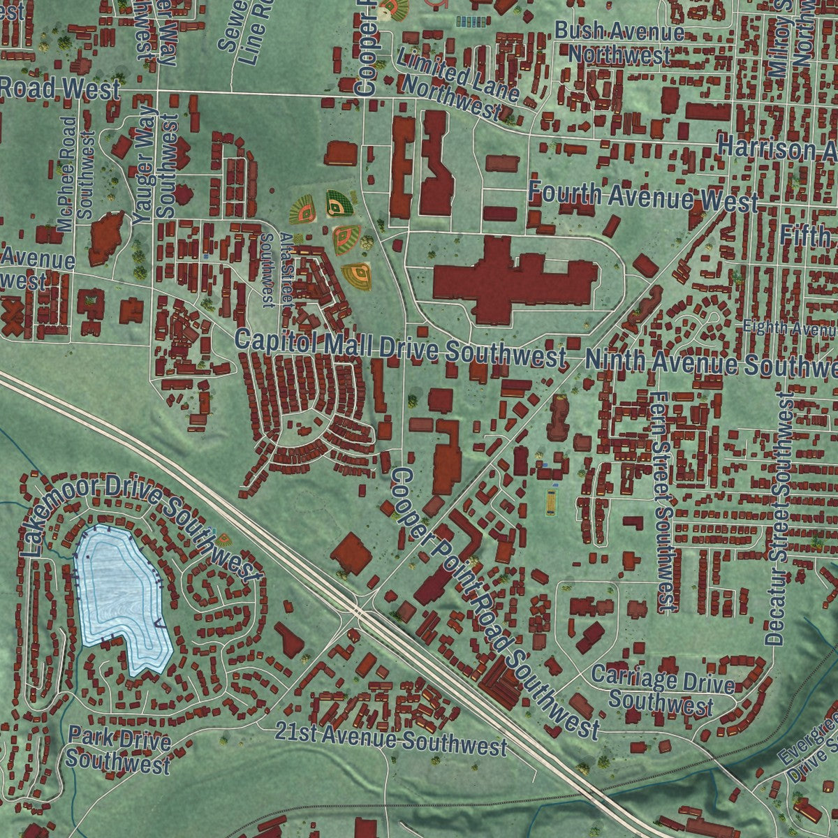 Second close-up of the map of Olympia, Washington print showing more streets and buildings