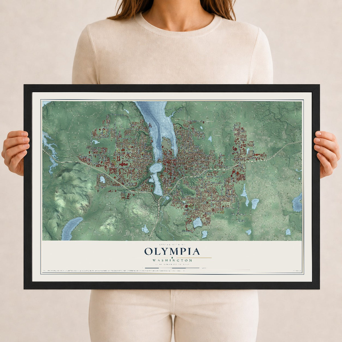 Map of Olympia, Washington, 12 x 18 inch print in a black wood frame