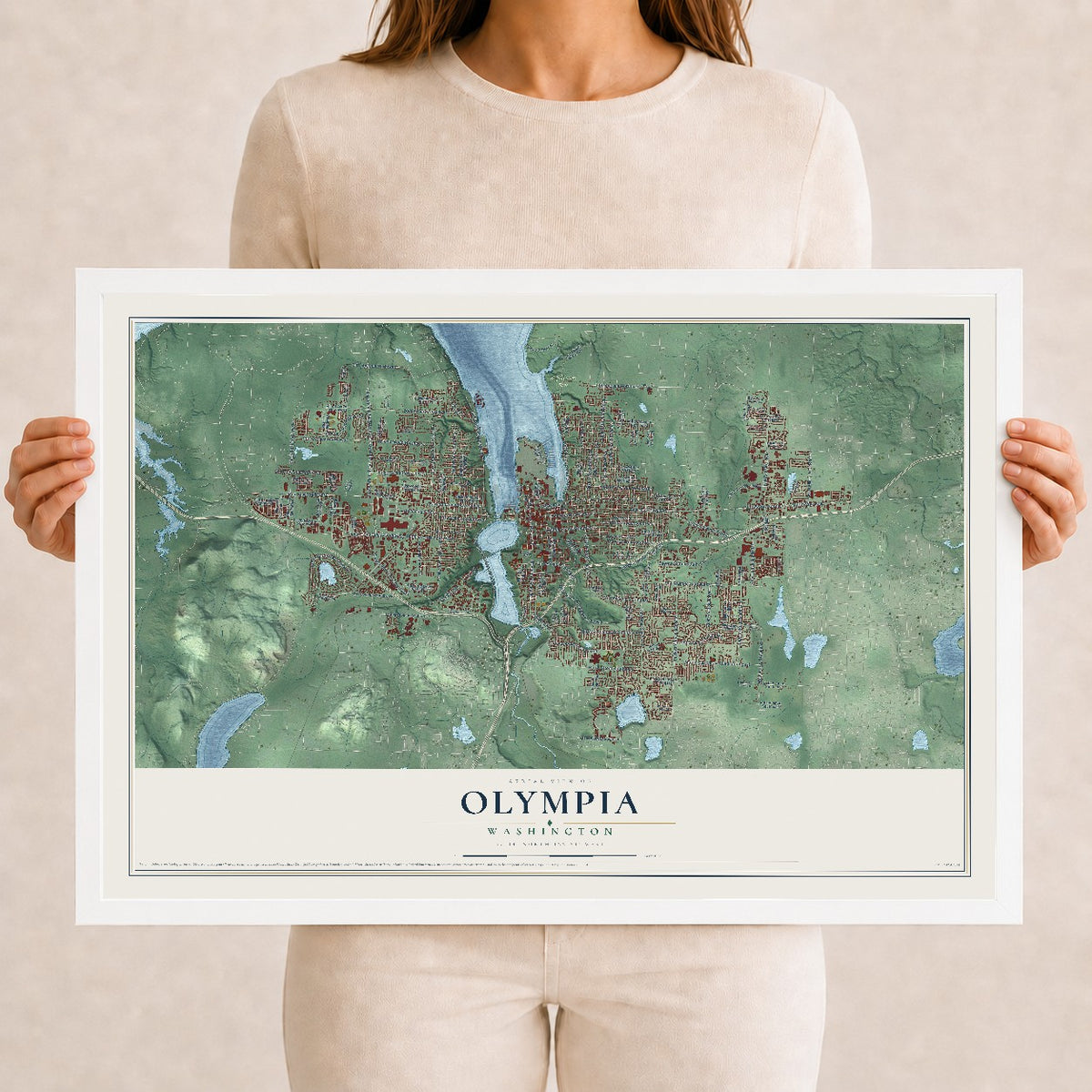 Map of Olympia, Washington, 12 x 18 inch print in a white wood frame