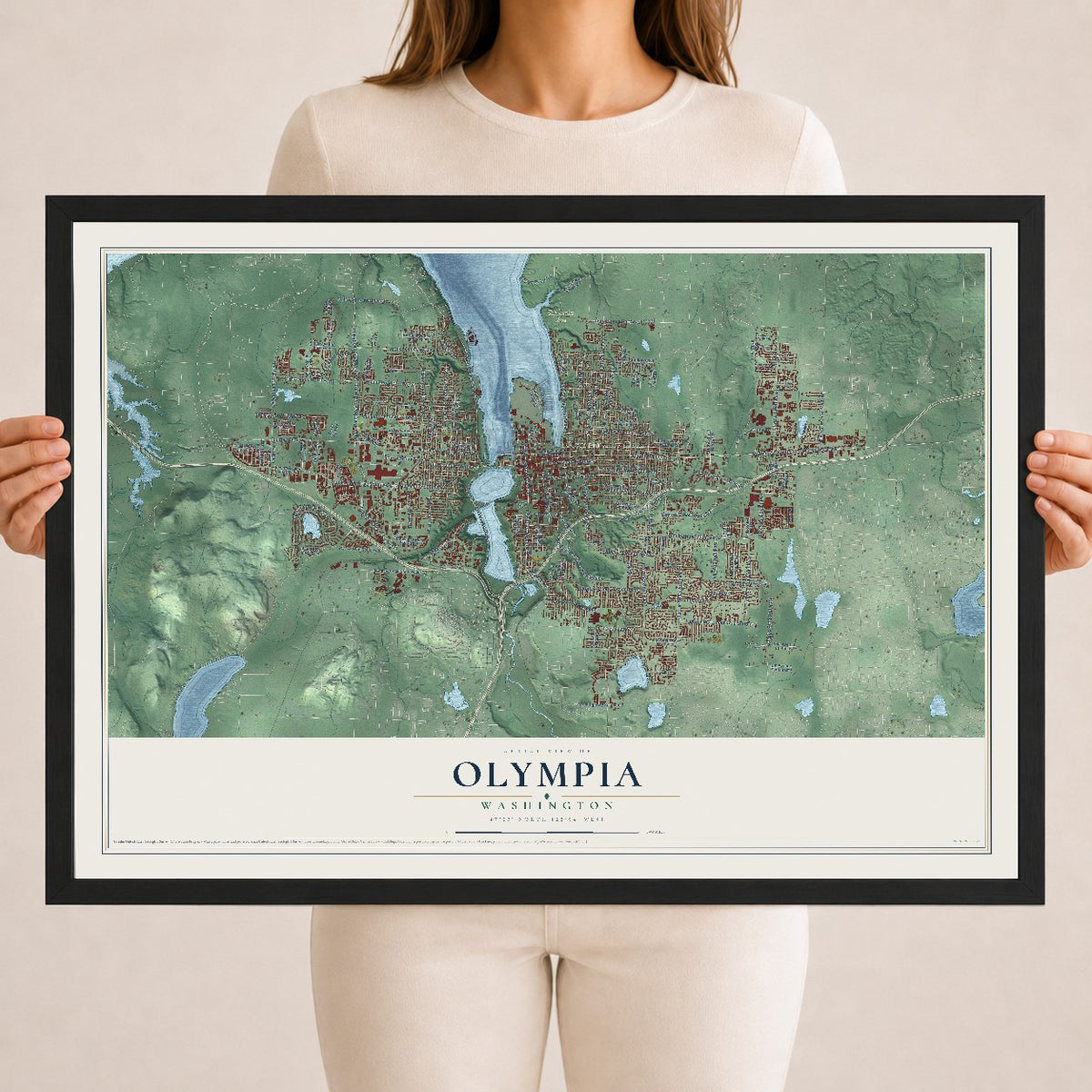 Map of Olympia, Washington, 18 x 24 inch print in a black wood frame