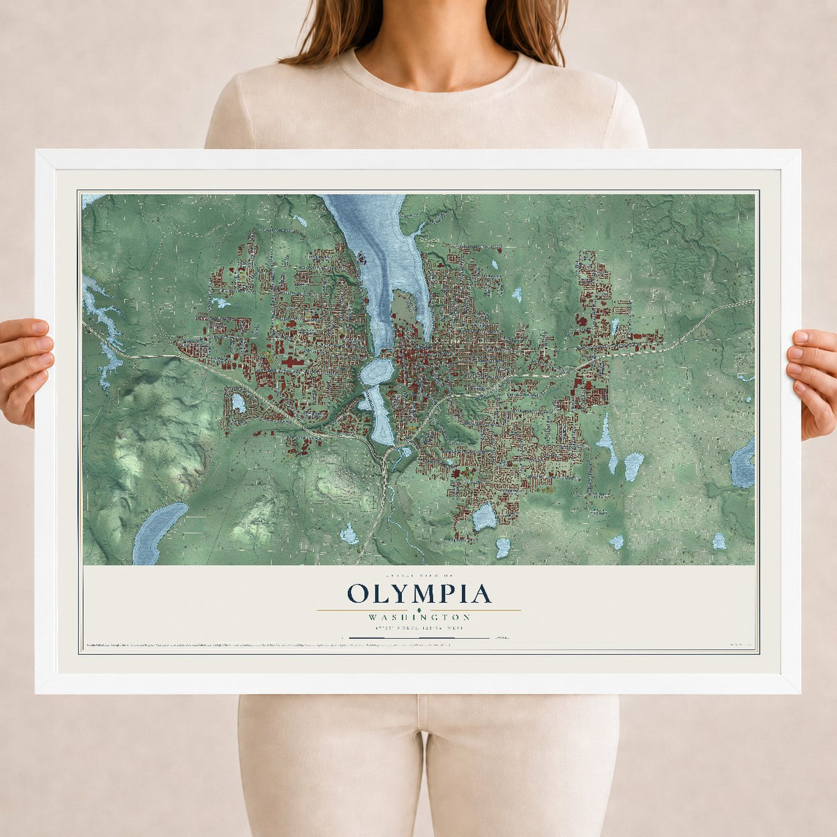 Map of Olympia, Washington, 18 x 24 inch print in a white wood frame