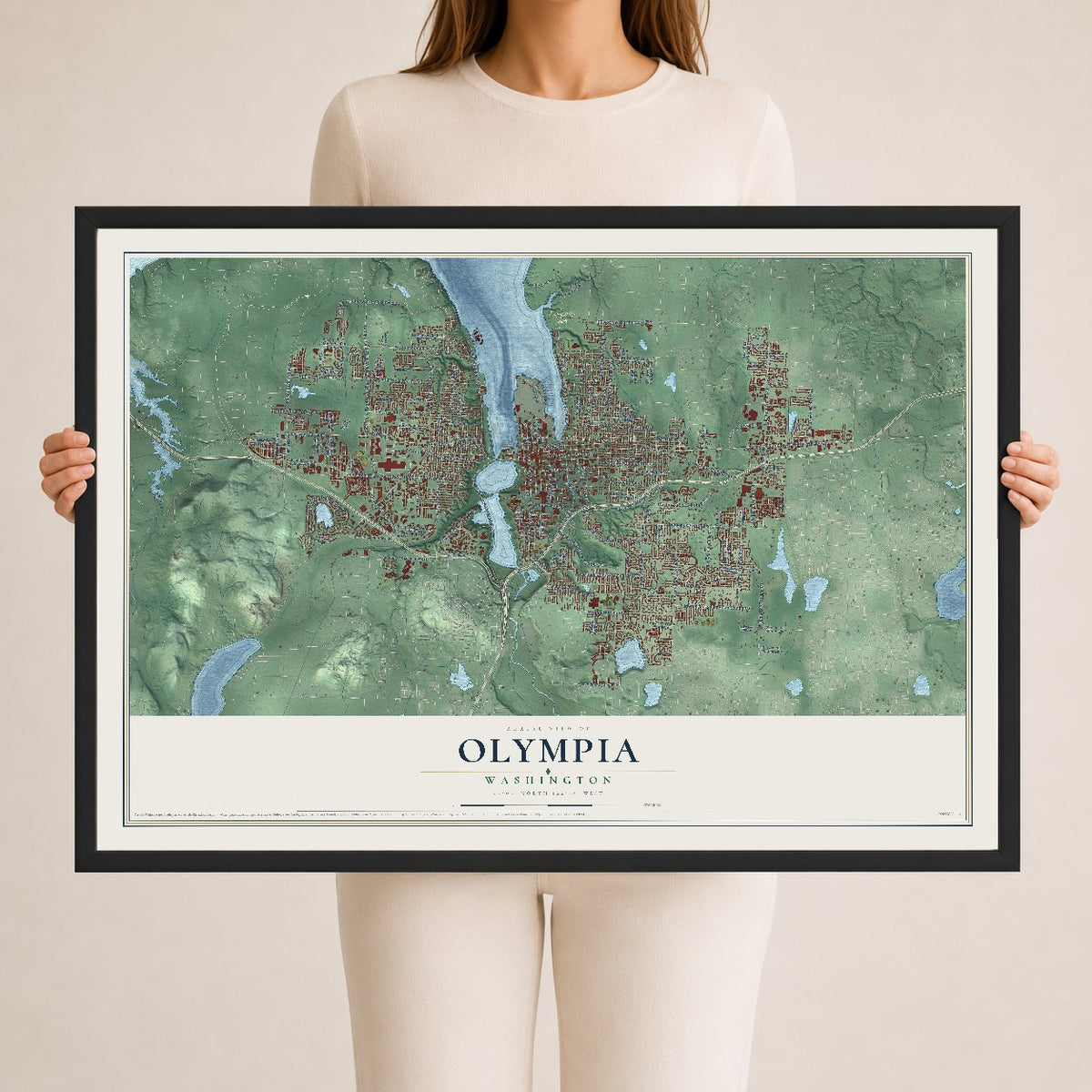 Map of Olympia, Washington, 24 x 36 inch print in a black wood frame