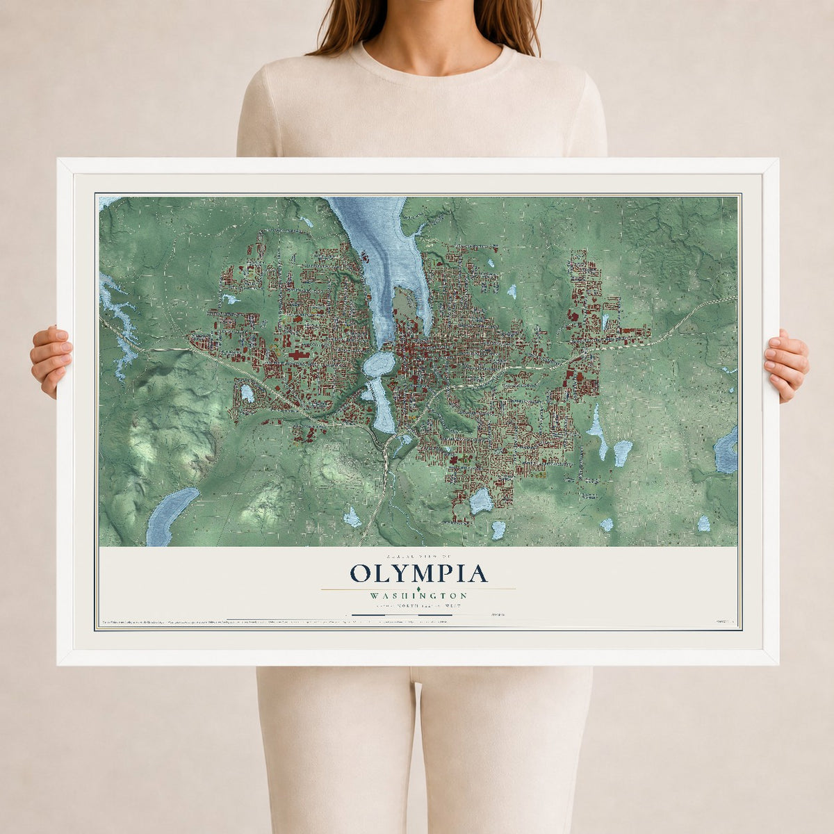 Map of Olympia, Washington, 24 x 36 inch print in a white wood frame