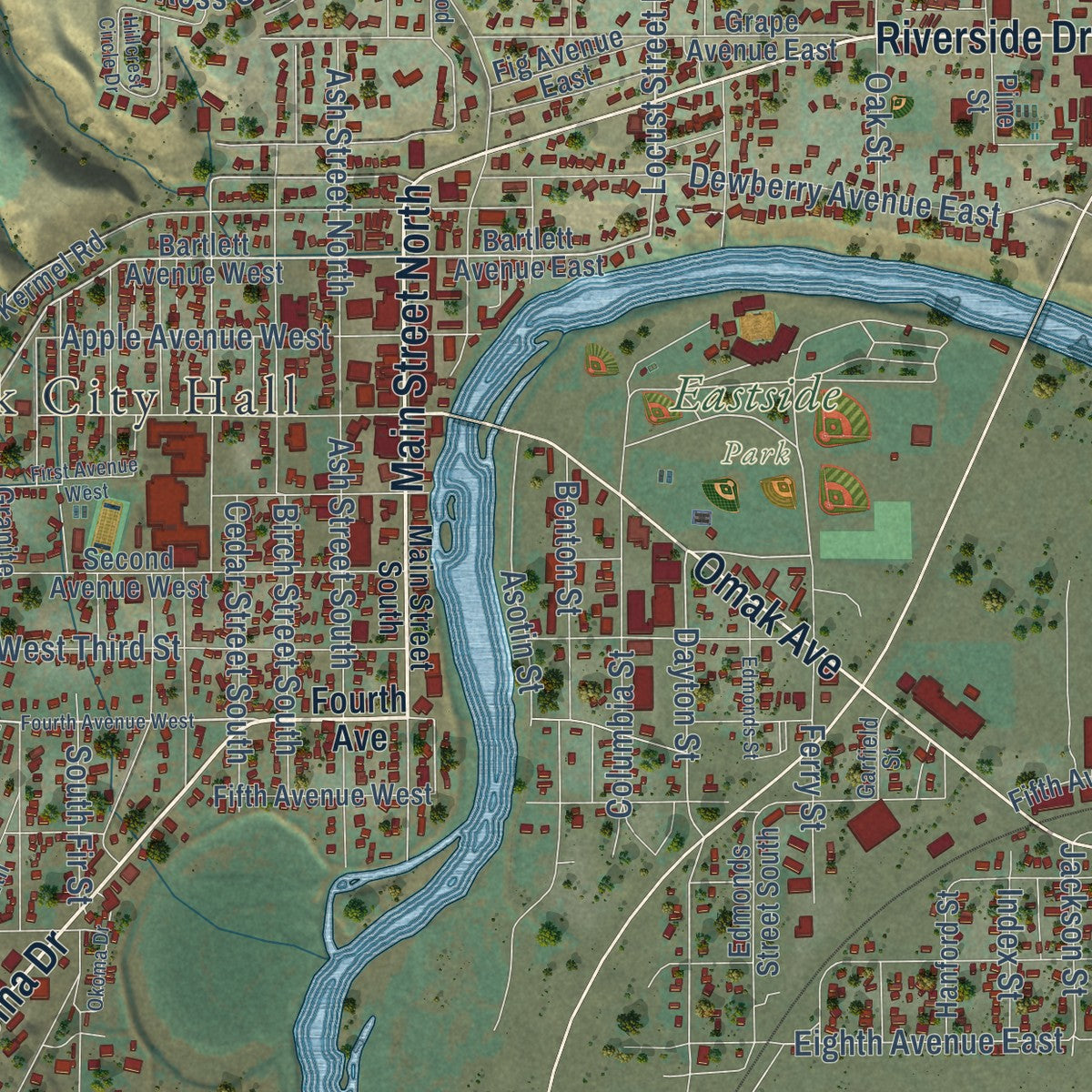 Close-up of the map of Omak, Washington print showing street and building detail