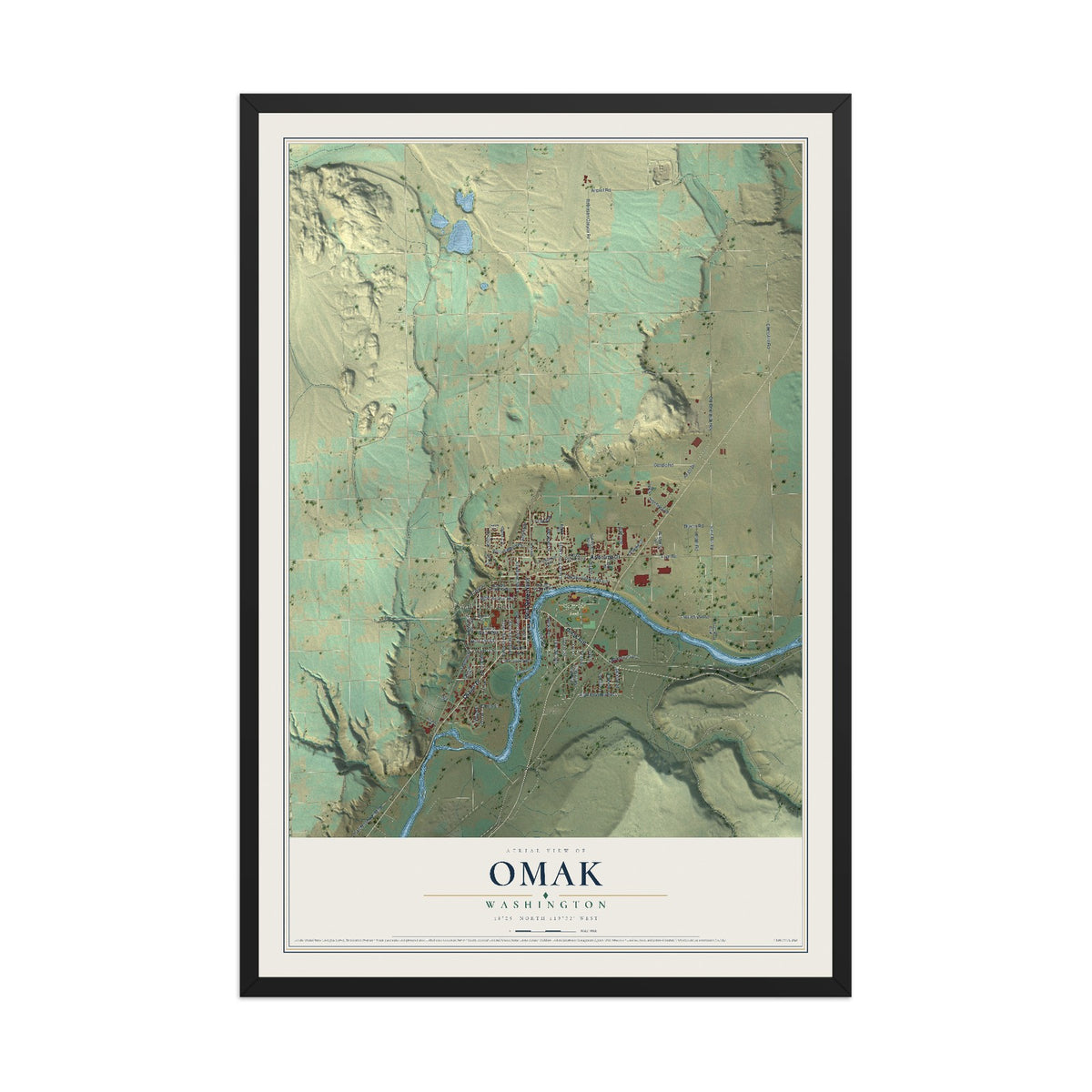 Map of Omak, Washington, 12 x 18 inch print in a black wood frame