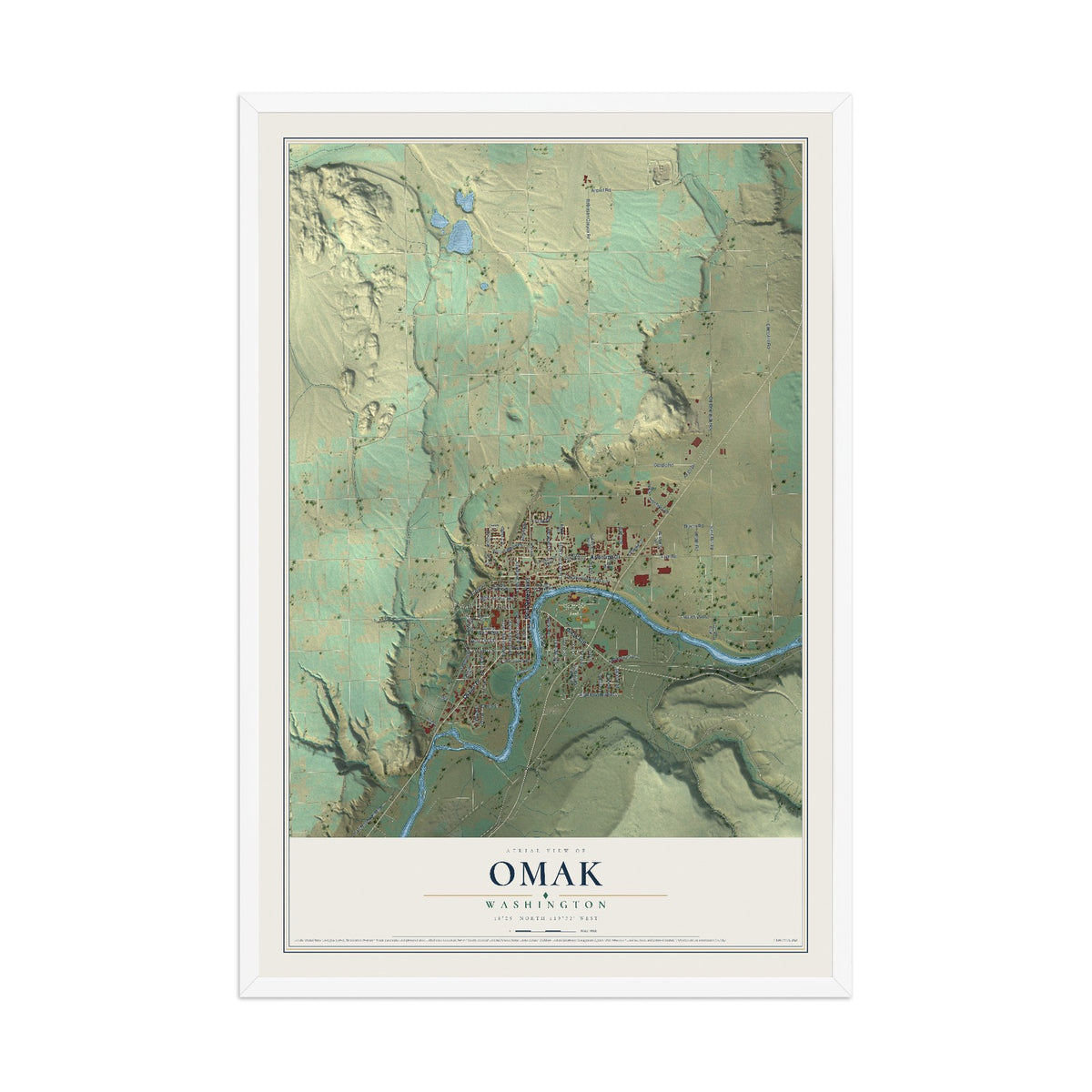 Map of Omak, Washington, 12 x 18 inch print in a white wood frame