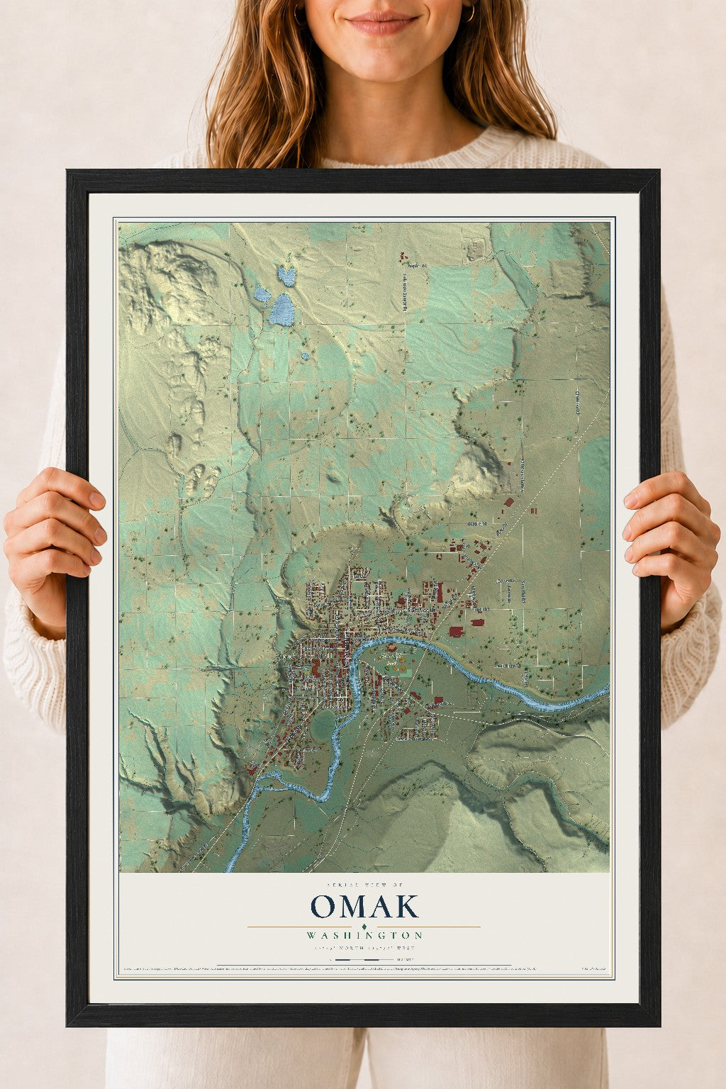 Map of Omak, Washington, 18 x 24 inch print in a black wood frame