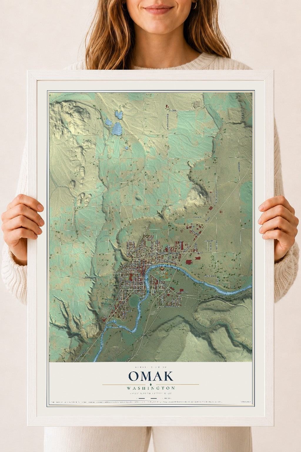 Map of Omak, Washington, 18 x 24 inch print in a white wood frame