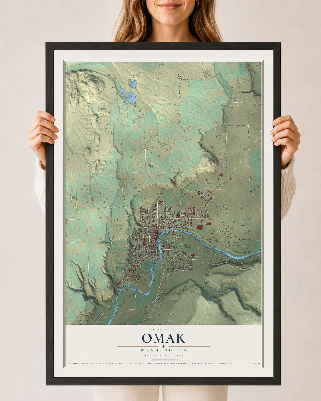 Map of Omak, Washington, 24 x 36 inch print in a black wood frame