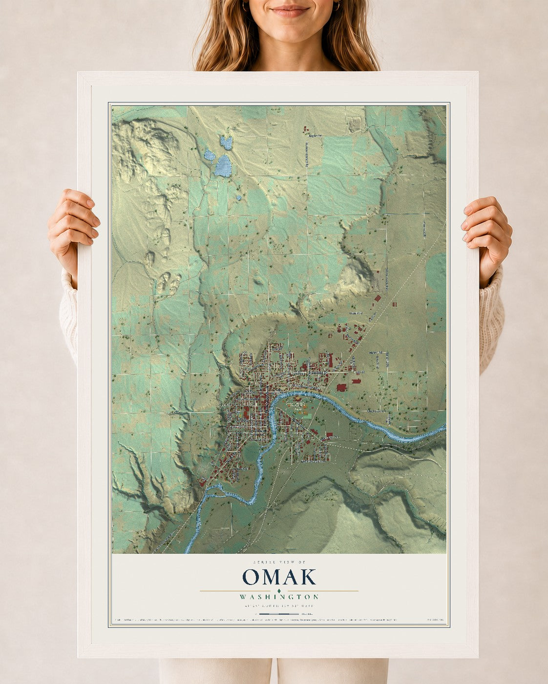 Map of Omak, Washington, 24 x 36 inch print in a white wood frame