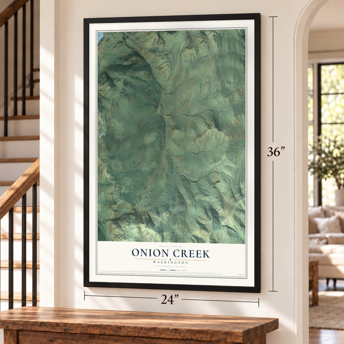 Onion Creek, Washington map, 24 x 36 inch print in a black frame by a staircase