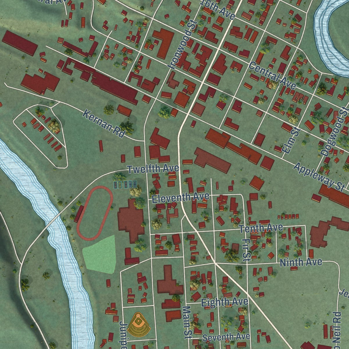 Close-up of the map of Oroville, Washington print showing street and building detail