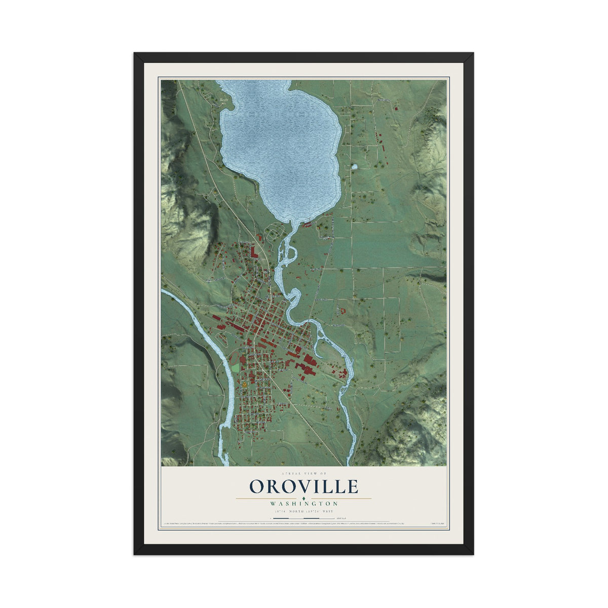 Map of Oroville, Washington, 12 x 18 inch print in a black wood frame