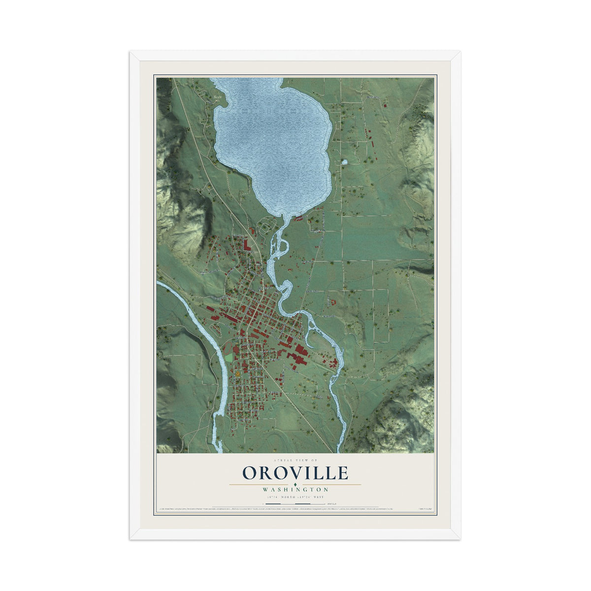 Map of Oroville, Washington, 12 x 18 inch print in a white wood frame