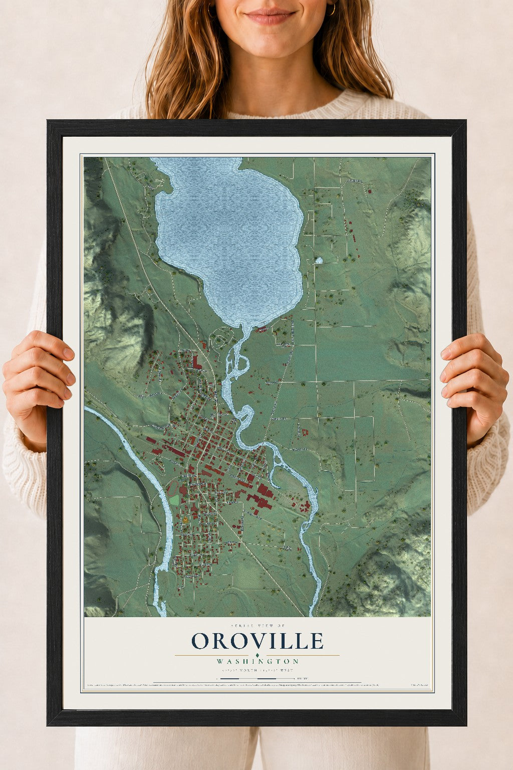 Map of Oroville, Washington, 18 x 24 inch print in a black wood frame