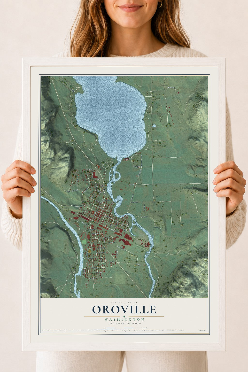 Map of Oroville, Washington, 18 x 24 inch print in a white wood frame