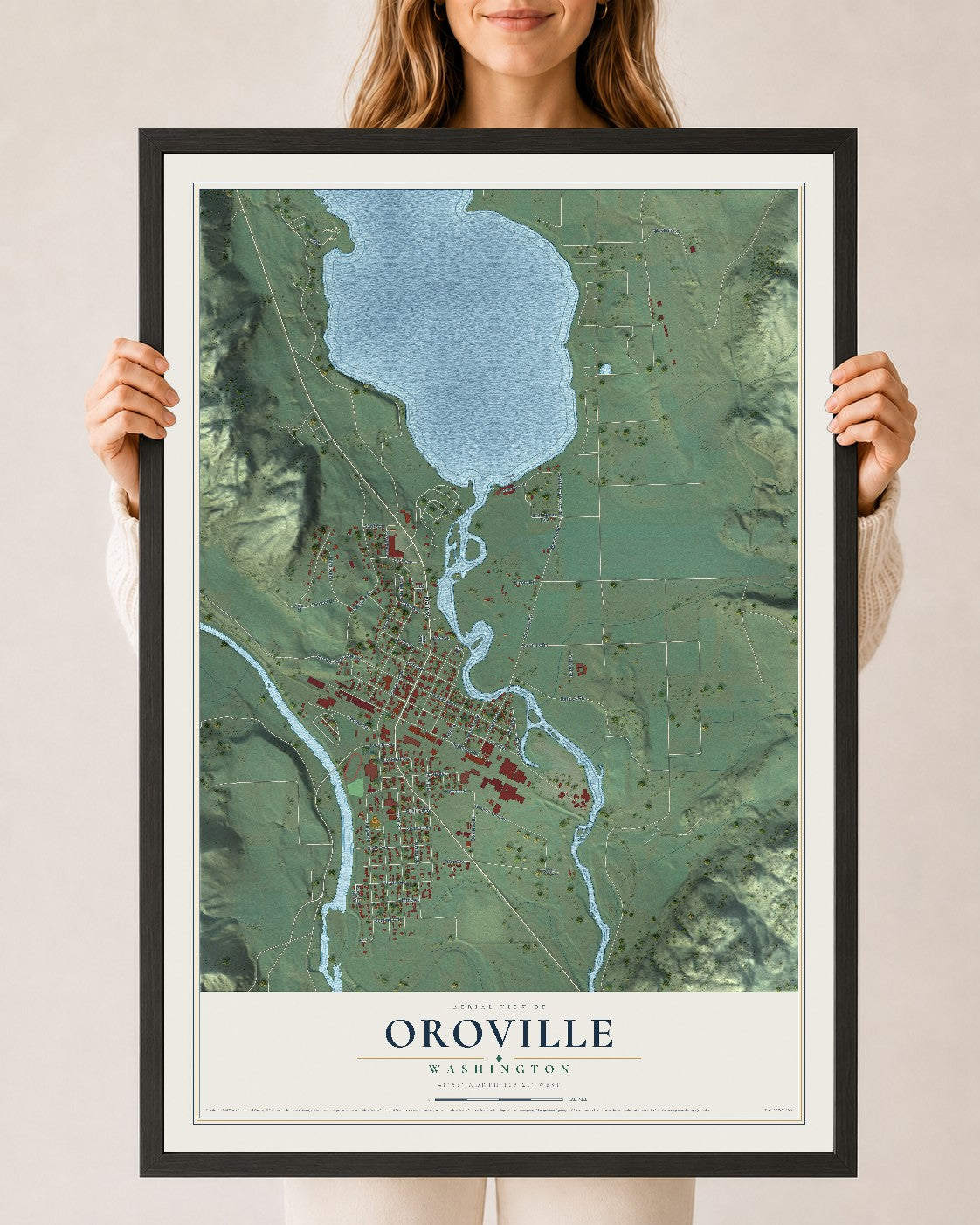 Map of Oroville, Washington, 24 x 36 inch print in a black wood frame