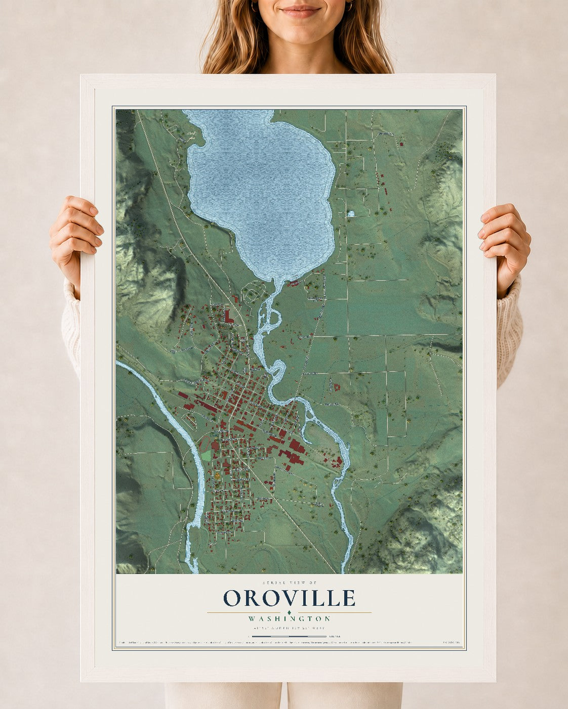 Map of Oroville, Washington, 24 x 36 inch print in a white wood frame