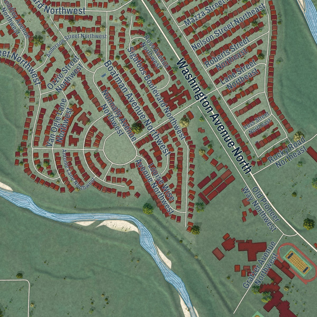 Second close-up of the map of Orting, Washington print showing more streets and buildings