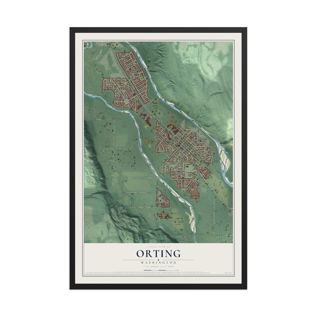 Map of Orting, Washington, 12 x 18 inch print in a black wood frame