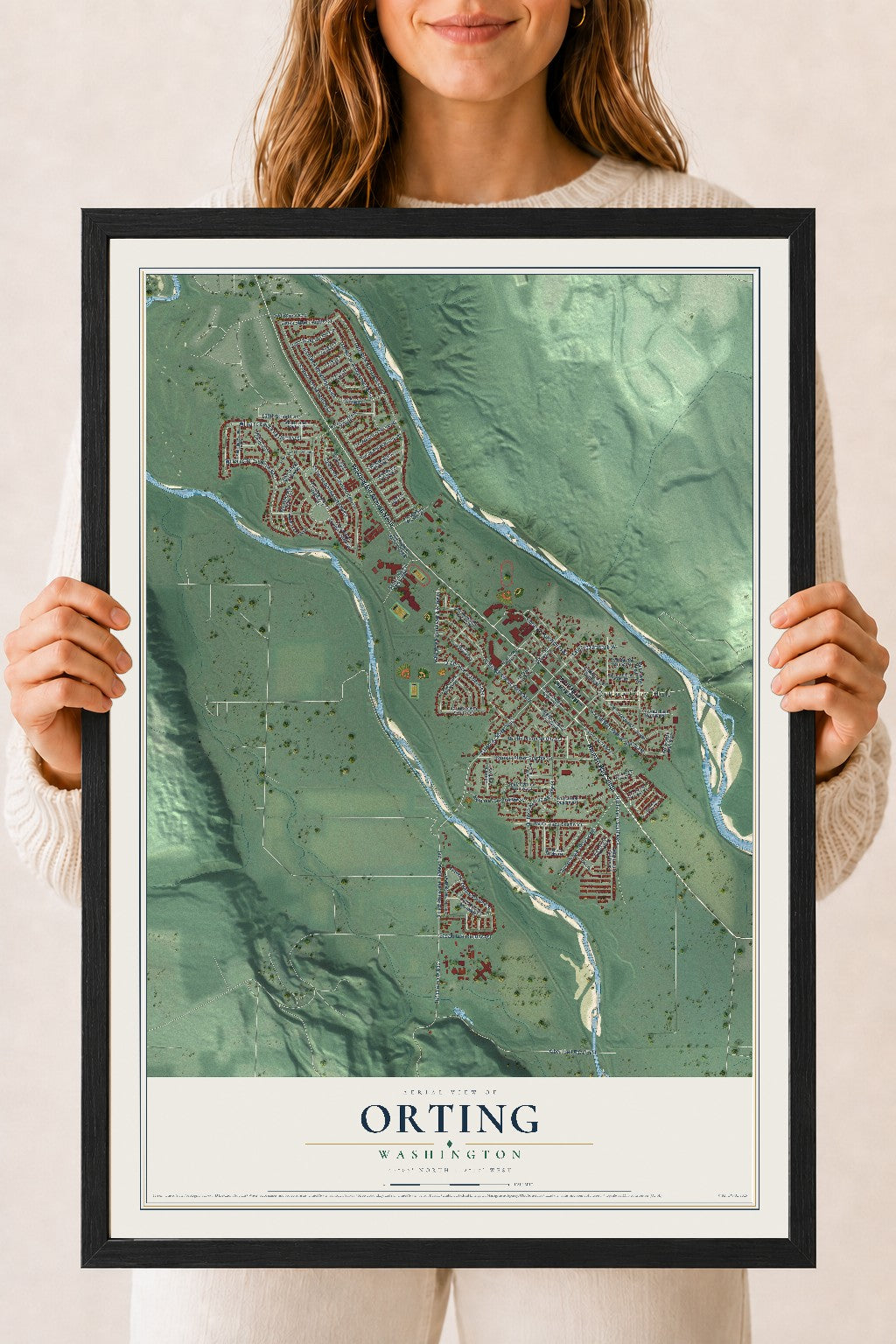 Map of Orting, Washington, 18 x 24 inch print in a black wood frame