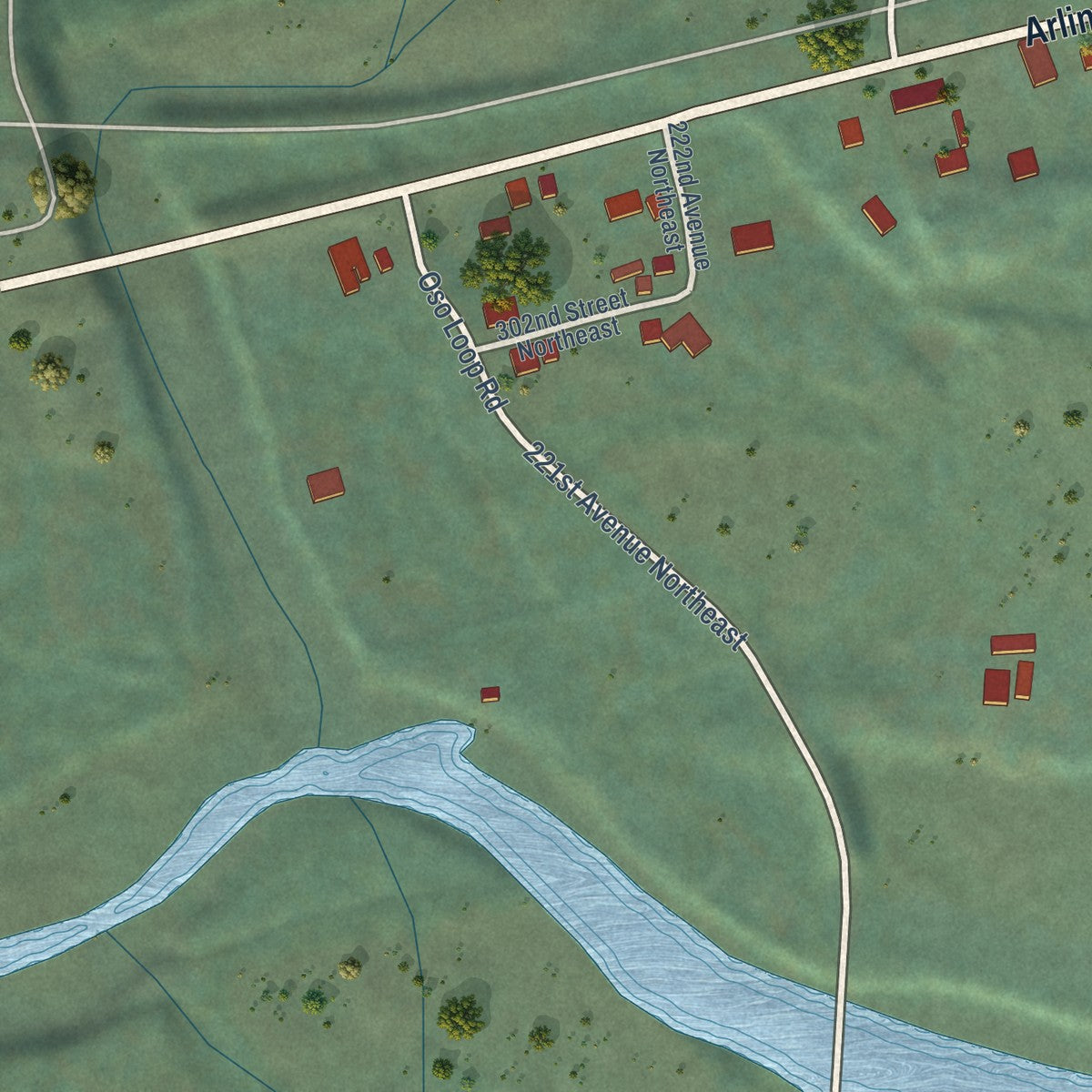 Close-up of the map of Oso, Washington print showing street and building detail