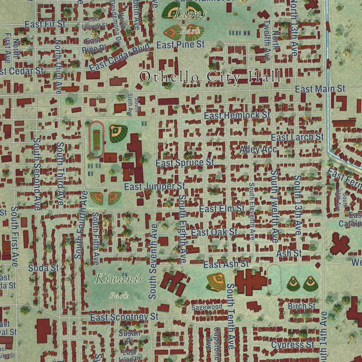 Close-up of the map of Othello, Washington print showing street and building detail