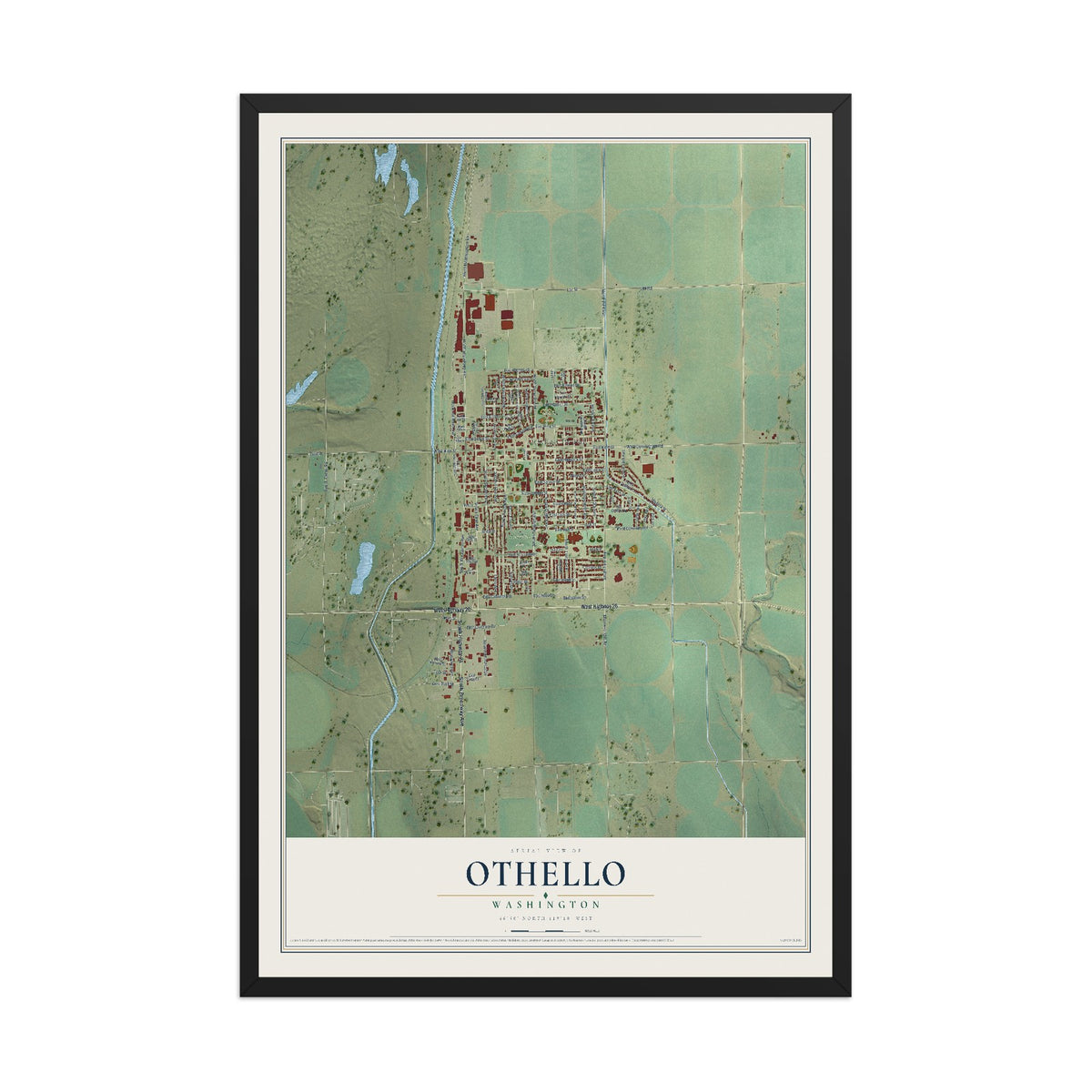 Map of Othello, Washington, 12 x 18 inch print in a black wood frame