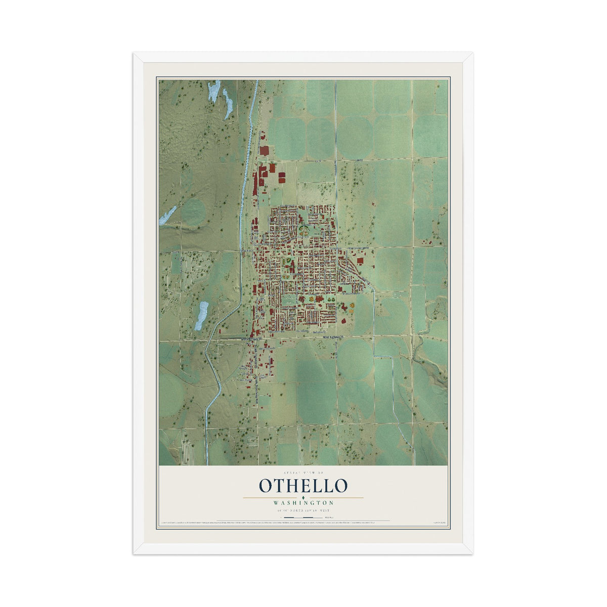 Map of Othello, Washington, 12 x 18 inch print in a white wood frame