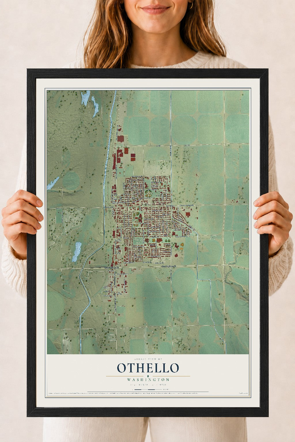 Map of Othello, Washington, 18 x 24 inch print in a black wood frame