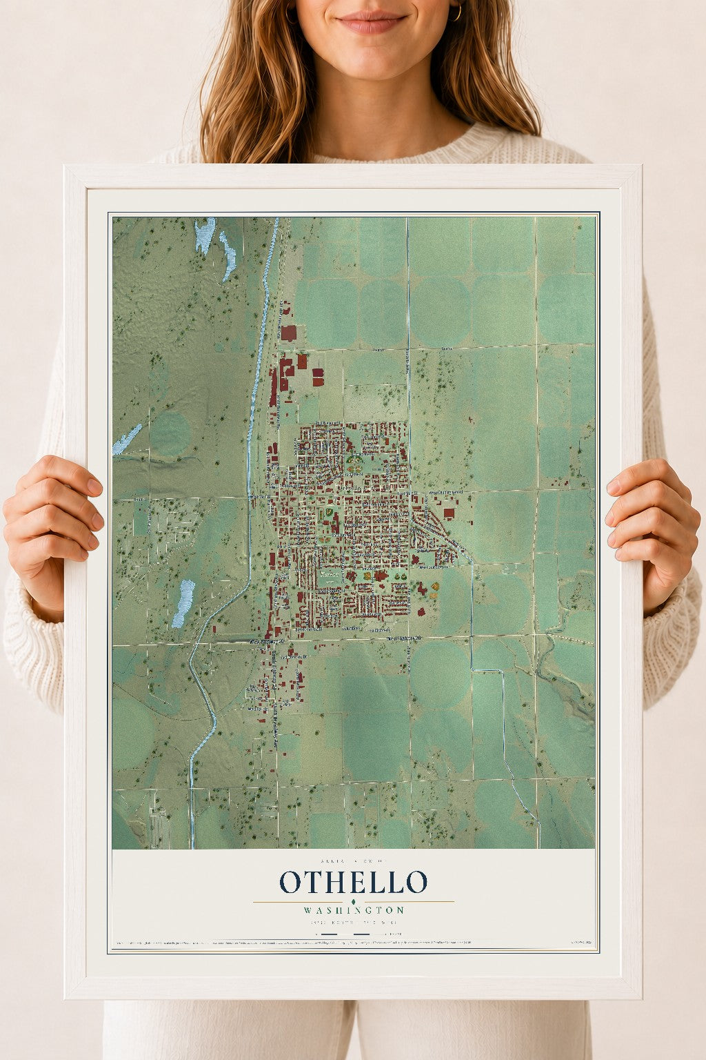 Map of Othello, Washington, 18 x 24 inch print in a white wood frame